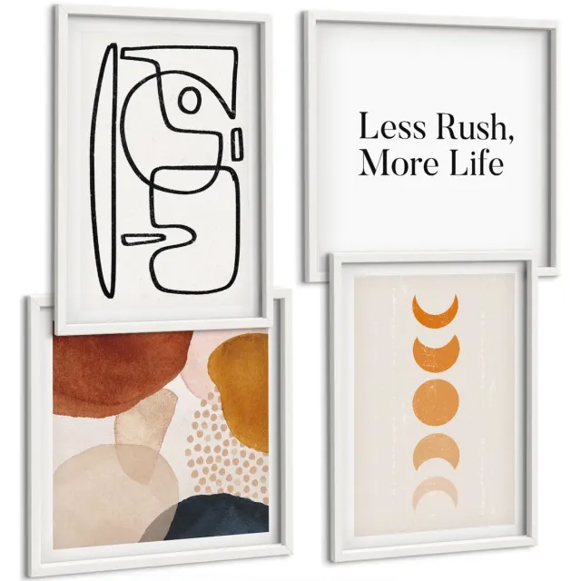 Coloray 4-Delige Schilderij Set - Abstracte Vormen En Kleuren, Modieuze Decoraties - 40 x 40 En 40 x 60 - Moderne Wanddecoratie - Woonkamer - Woonkamer Decoratie Witte lijst