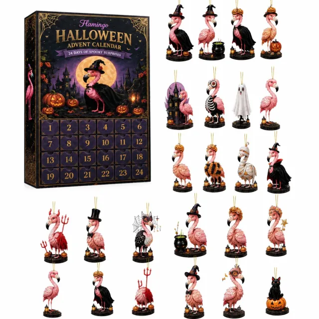 SWGOTA Halloween-adventskalender met flamingohangers, 24 genummerde vakjes, verpakking 26 x 18 x 3 cm Roze