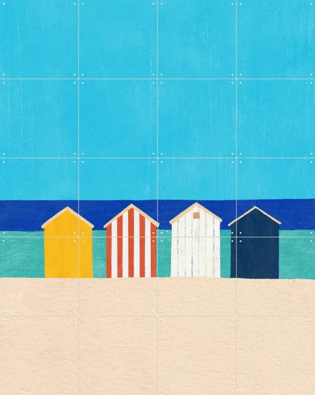 IXXI Beach Cabins, Henry Rivers - 80 x 100 cm - Grote wanddecoratie en posters - Kleurrijk, Grafisch Ontwerp, Minimalisme, Illustraties, Speels Blauw