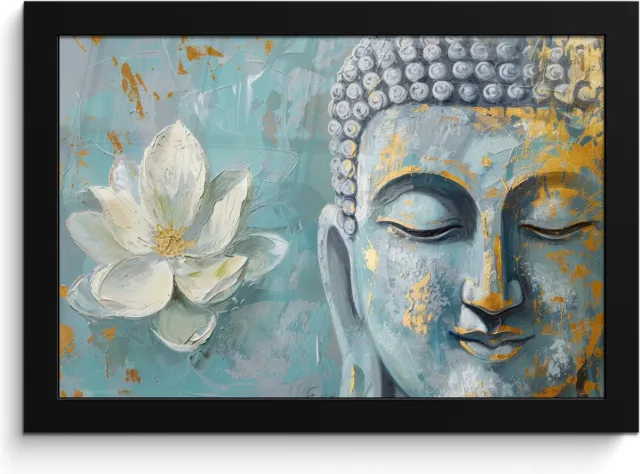 FrameYourWall Poster in lijst - Fotolijst 30x20 cm - Posters - Boeddha - Bloem - Lotus - Goud - Blauw - Posterlijst zwart - Decoratie - Wanddecoratie woonkamer - Muurdecoratie slaapkamer Boeddha - Blauw