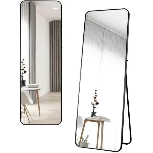 LUXALIVING Passpiegel -Spiegel Staande- Zwart - Ovale Randen -Veiligheidsglas - Staande spiegel met haken- 160x50cm