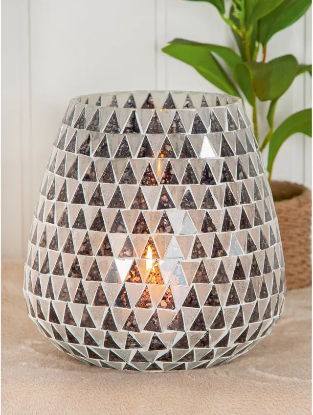 Gilde handwerk kaarshouder windlicht disco triangle mozaiek zwart grijs wit H 17cm grijs zwart wit
