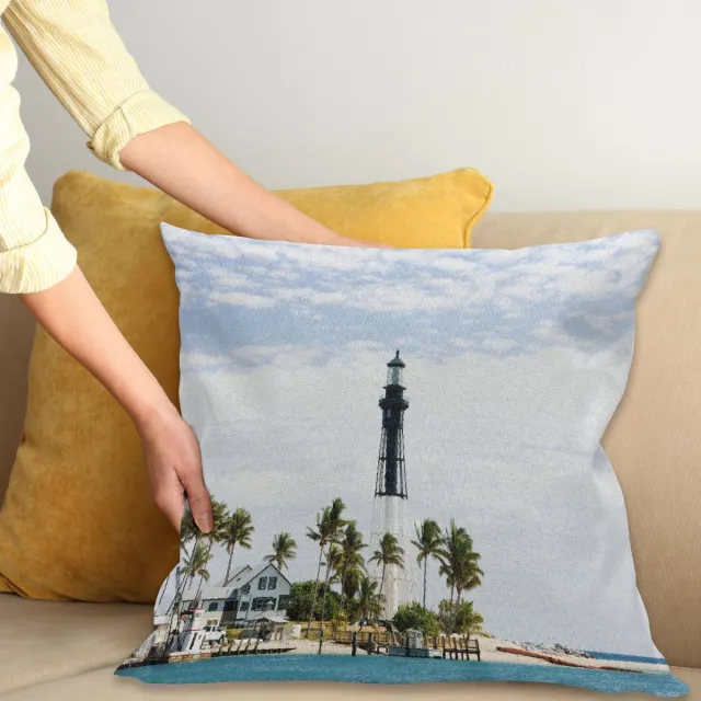 ABAKUHAUS Vereinigte Staaten Kussenhoes, Leuchtturm Palms, Digitale Print, Waterbestendig, Kleurecht, Wasbare Kussenhoes met Ritssluiting, 40 x 40 cm, Blauw Wit Groen