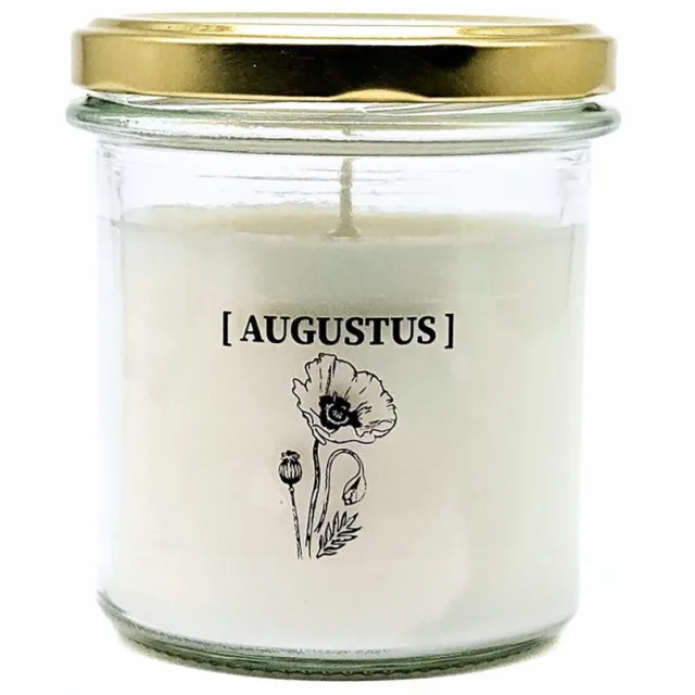 Candlelight-on geurkaars met geboortebloem en geboortedatum - 16 augustus - o.b.v. sojawas en etherische oliën Wit