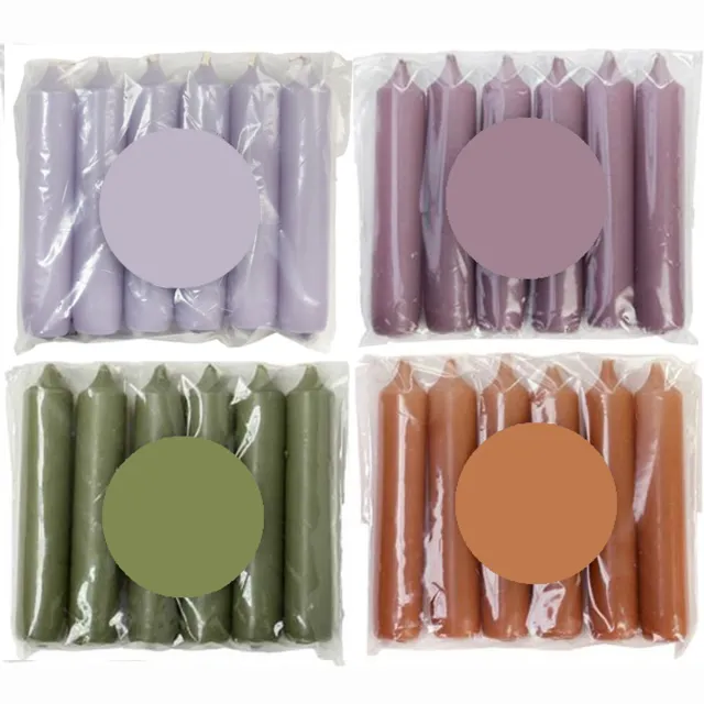 Cactula luxe gekleurde korte dinerkaarsen in Trendy kleuren! 4 pakjes van 6 kaarsen in de kleur Combined - Lila Mauve Thyme Siena 2.1 x 12 cm