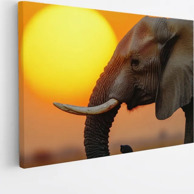 Saammp Canvas Schilderij - Olifant met grote zon - Afrika - Dieren - 90x60 - Foto op canvas - Wanddecoratie - muurdecoratie Woonkamer - Slaapkamer decoratie - Canvas Print Multicolor