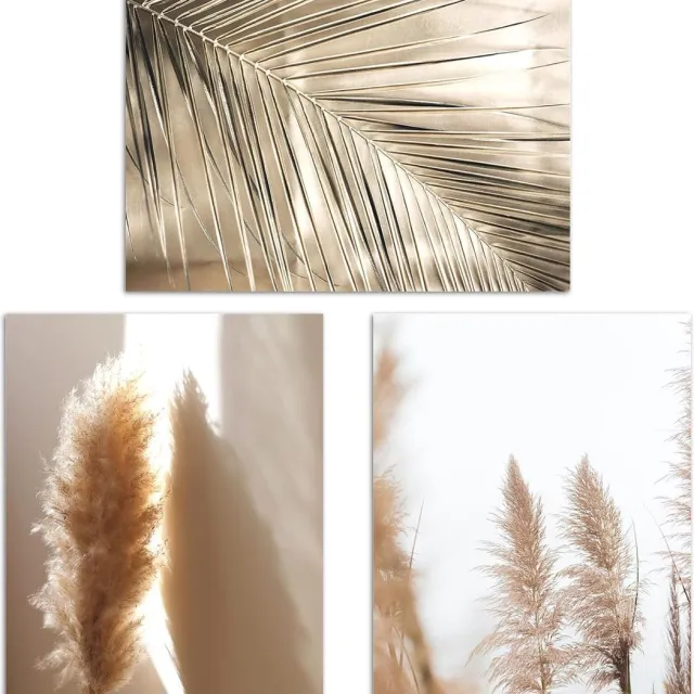 BGA Set van 3 Riet Natuur Canvas Foto's Wanddecoratie Woonkamer Moderne Foto's Boho Poster Esthetische Slaapkamer Zonder Frame (A.30 x 40 cm) beige