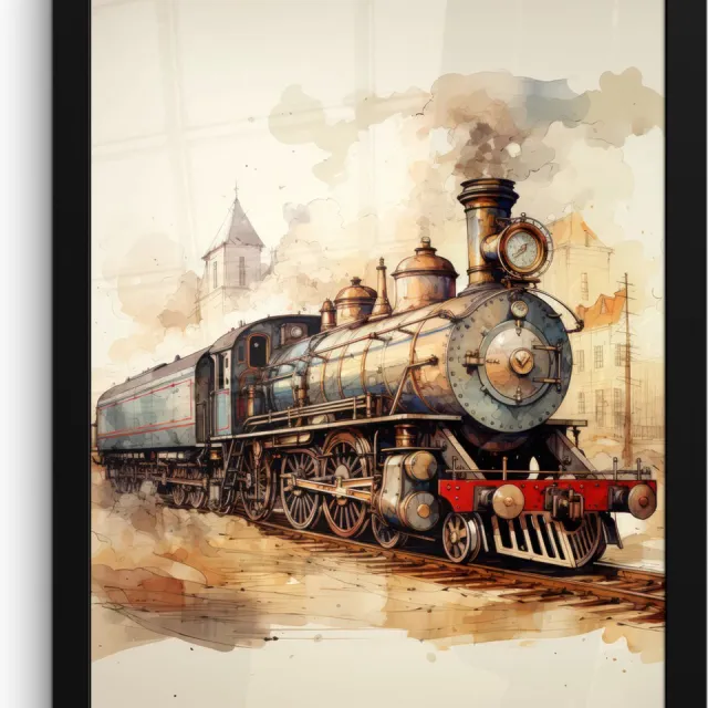 FrameYourWall Poster in lijst - Fotolijst 30x40 cm - Posters - Vintage - Trein - Spoor - Gebouw - Beige - Posterlijst zwart - Decoratie - Wanddecoratie woonkamer - Muurdecoratie slaapkamer Stoomtrein