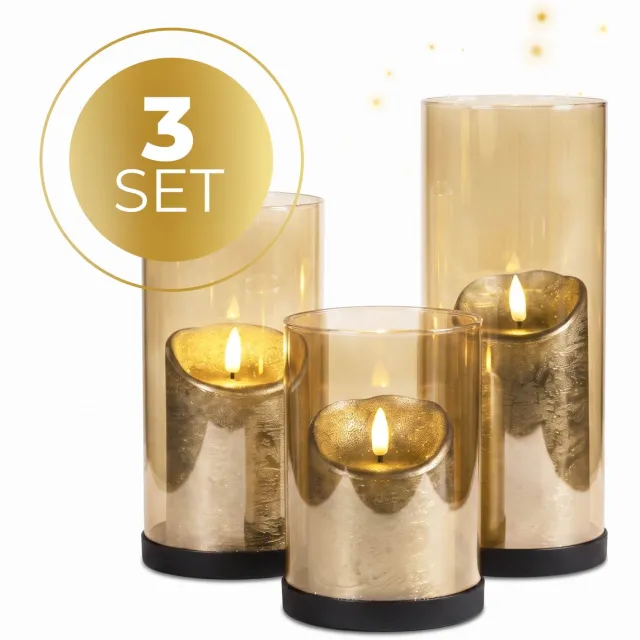 KENN Industriële Kaarsenhouders - Set van 3 - Zand/Goud Glas - Zwarte Metalen Basis - Windlichthouders - Kandelaars voor Stompkaarsen - Kaarshouders - Luxe Uitstraling - Voor Binnen & Buiten - Voor LED Kaarsen & Echte Kaarsen - Waxinelichthouders