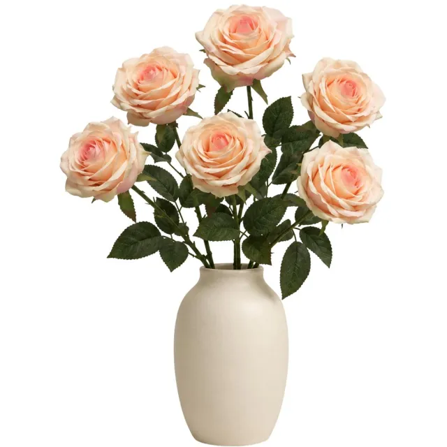 Bellatio Design Kunstbloem Roos Dijon - 6x - 64 cm - lichtroze - zijde kunstbloemen - Boeket - stelen - rozen