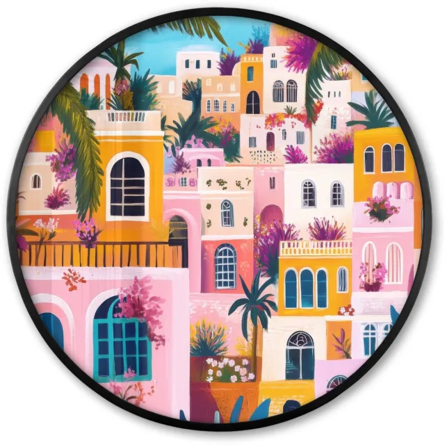 FrameYourWall Poster in lijst Rond - Fotolijst 80x80 cm - Posters - Kleurrijk - Roze - Oranje - Geel - Bloemen - Ronde posterlijst zwart - Decoratie - Wanddecoratie woonkamer - Muurdecoratie slaapkamer Stad - Kleurrijk