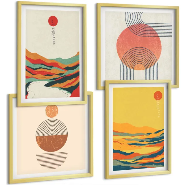 TULUP 4-Delige Schilderij Set - Kleurrijke patronen van bergen en rivieren in Japandi-stijl - 40 x 40 cm en 40 x 60 cm - Schilderijen Set - Wanddecoratie - Woonkamer - Woonkamer Decoratie Gouden lijst