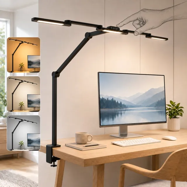 LAPAMAX Bureaulamp LED 3-Lichts met Klem 105 cm - Dimbare Werklamp met 3 Verstelbare Lichtbalken&6 Draaipunten-Monitor Lamp met Automatische Lichtsensor-Klemlamp-Hobbylamp - Architectenlamp-voor Kantoor, Tekentafel-Transformeerbaar tot Vijfhoek Zwart