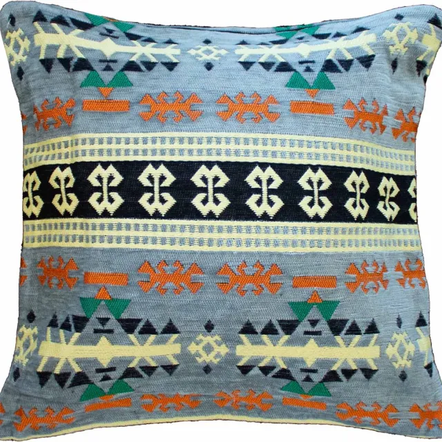 Ancient Wisdom Houtskool & Lichtblauwe Kelim Kussenhoes - 40x40x2cm - Katoen - Sierkussenhoes - Kussenhoes Bank