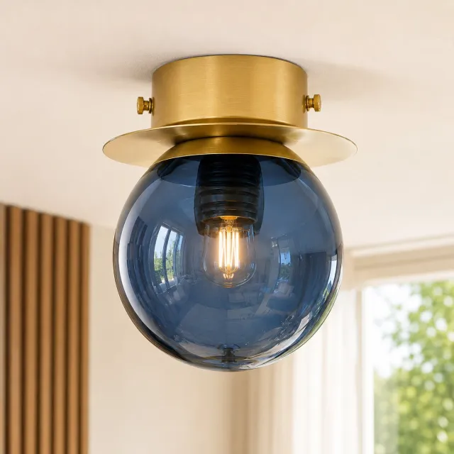 WoonWonder Clarvel Luno Plafondlamp Goud met Blauw Glas Ø15 cm – E27 Fitting – Moderne Glazen Plafonnière – Sfeervolle Verlichting – Zonder Lichtbron