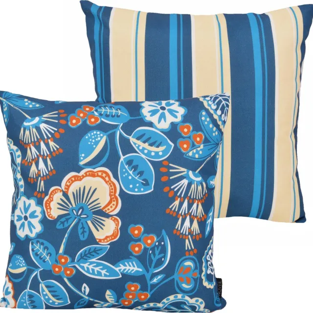 NOVÉE Flower / Stripe Kussenhoes - Petrol | Outdoor / Buiten | 45 x 45 cm | Katoen/Polyester