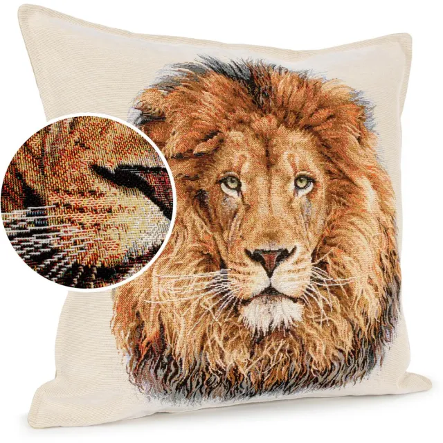 ANRO Leeuw Sierkussen 45x45 cm - Jacquard gobelin - Inclusief vulling Beige