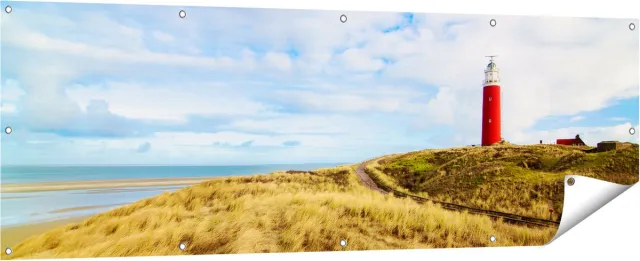 Gards Tuinposter Vuurtoren met Duinen in Texel - 180x60 cm - Tuindoek - Tuindecoratie - Wanddecoratie buiten - Tuinschilderij multikleur