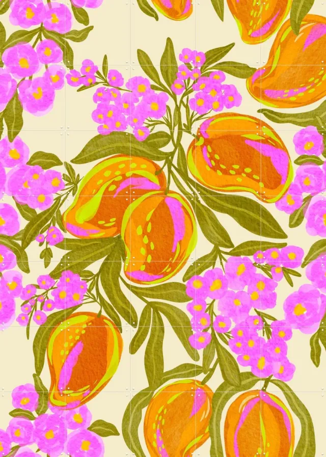 IXXI Tropical Theme With Lush Mangoes And Flowers, Nikita Jariwala & Various - 100 x 140 cm - Grote wanddecoratie en posters - Speels, Kleurrijk Oranje / Roze