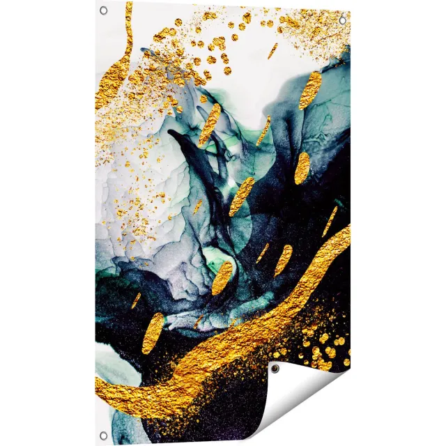 Gards Tuinposter Abstracte Kunst - Zwart Wit met Gouden Strepen - 60x90 cm - Tuindoek - Tuindecoratie - Wanddecoratie buiten - Tuinschilderij Multikleur