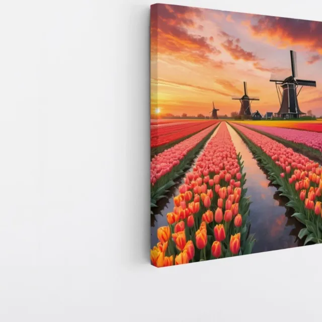 Saammp Canvas Schilderij - Landschap - bloemenveld met molens en een zonsondergang - Natuur - 40x40 - Foto op canvas - Wanddecoratie - Muurdecoratie Woonkamer - Slaapkamer decoratie - Canvas Print Multicolor