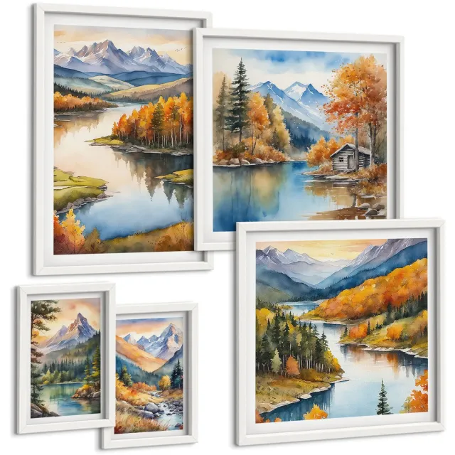 TULUP 4-Delige Schilderij Set - Berglandschappen met rivieren en herfstbomen - 50 x 50 cm, 20 x 30 cm en 40 x 60 cm - Moderne Wanddecoratie - Slaapkamer - Woonkamer Decoratie Witte lijst
