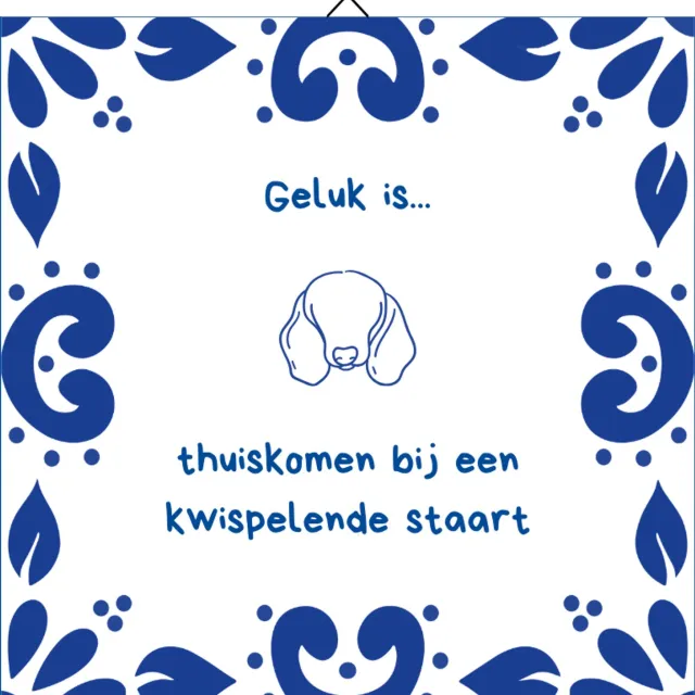 Delfts Blauwe Spreuktegel met Teckel 15 x 15 cm – Spreuktegel van Keramiek met Ophangsysteem – Cadeau voor Teckelliefhebbers