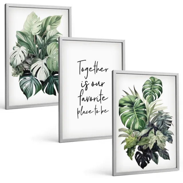 TULUP 4-Delige Schilderij Set - Groene bladeren van tropische planten met decoratieve inscriptie - 40 x 60 cm - Wanddecoratie - Muurdecoratie - Woonkamer - Interieur Decoratie Zilveren lijst