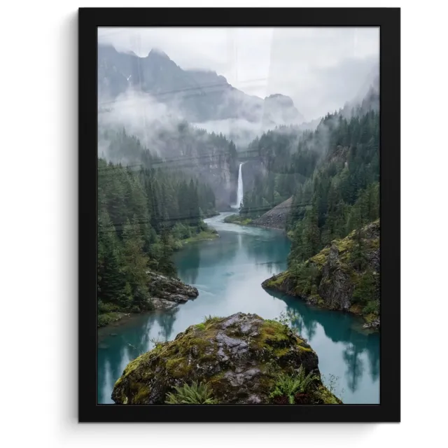FrameYourWall Poster in lijst - Fotolijst 30x40 cm - Posters - Waterval - Bomen - Bergen - Posterlijst zwart - Decoratie - Wanddecoratie woonkamer - Muurdecoratie slaapkamer