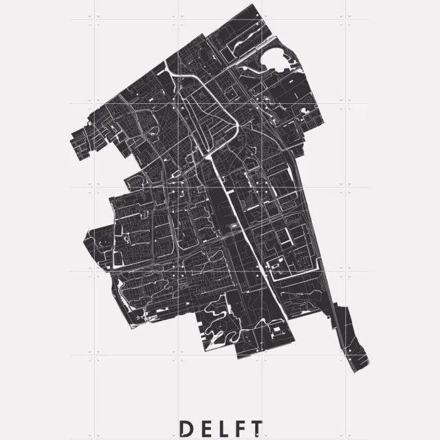 IXXI Delft City Map, Kunst in Kaart - 100 x 140 cm - Grote wanddecoratie en posters - Technische Tekening, Grafisch Ontwerp, Line art, Minimalisme Zwart en wit / Zwart / Monochroom