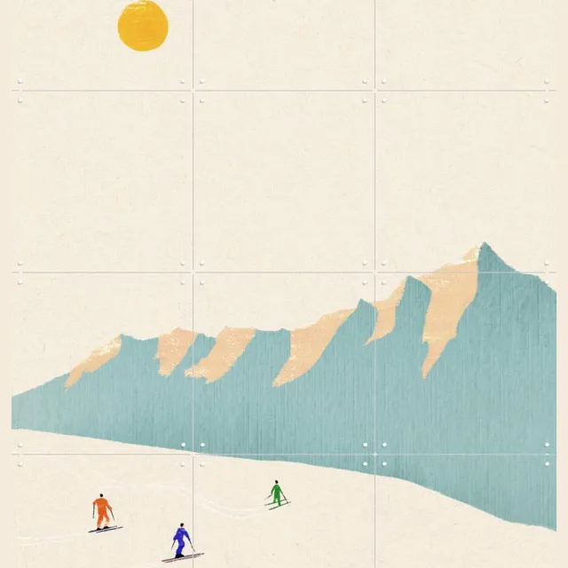 IXXI Happy Skiers, Henry Rivers - 60 x 80 cm - Grote wanddecoratie en posters - Speels, Illustraties, Digitale Kunst, Minimalisme, Woonkamer Blauw / Beige