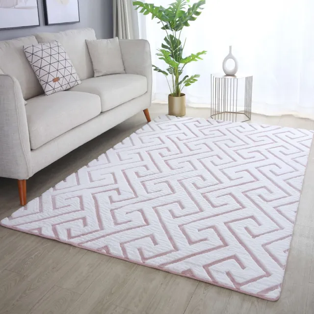 flycarpets Nonia Hoogpolig Fluffy 3D Design Geometrisch Vloerkleed - Wit / Roze
