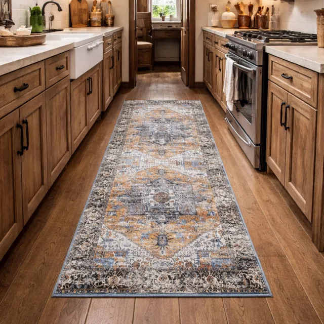 Lavandoux Tapijtloper - Faridabad - Blauw en Mustard - 80 x 300 cm