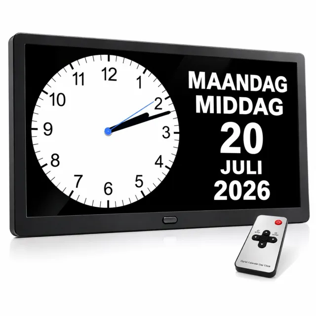 AA-Shoppers Dementieklok XL - 27 CM - 10 inch - Kalenderklok met Datum en Dag - Afstandsbediening - Nederlandstalig - Digitaal - Analoog Zwart