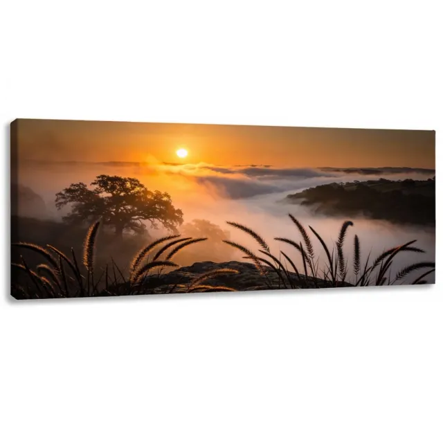 online schilderij Canvas Schilderij - Misty Mountain Sunrise - 120x50 cm - Natuur wanddecoratie - Muurdecoratie luxe - Schilderijen op canvas - Wanddecoratie woonkamer bruin