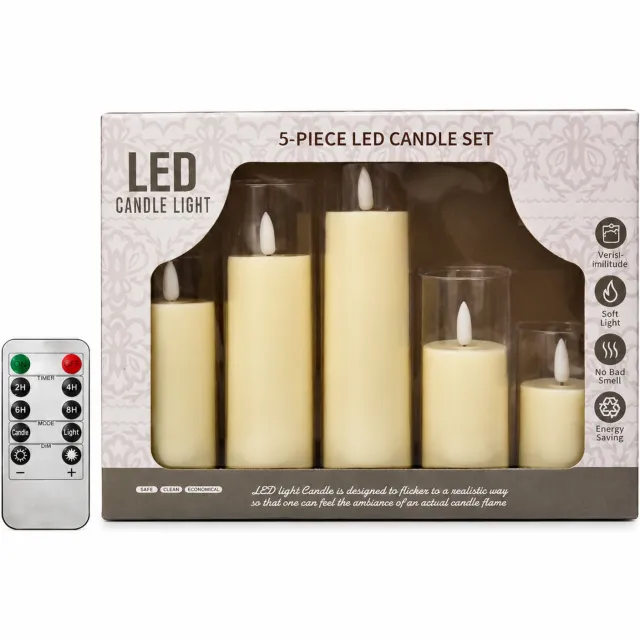 SWGOTA led kaarsen set van 5 met afstandsbediening, transparante acryl behuizing, verschillende hoogtes en vlamvorm, in vensterdoos voor tafeldecoratie Crème