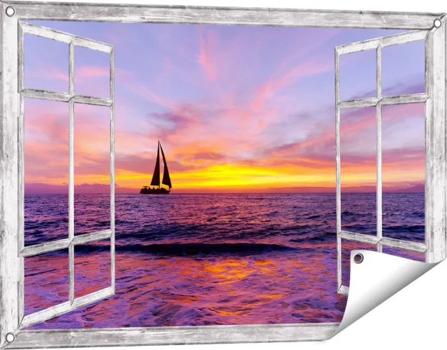 Gards Tuinposter Doorkijk Zeilboot Silhouet bij Zonsondergang - 90x60 cm - Tuindoek - Tuindecoratie - Wanddecoratie buiten - Tuinschilderij Grijs
