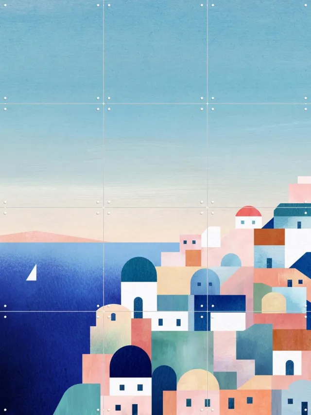 IXXI Santorini, Henry Rivers - 60 x 80 cm - Grote wanddecoratie en posters - Kleurrijk, Geometrische Kunst, Illustraties, Grafisch Ontwerp, Eetkamer Blauw