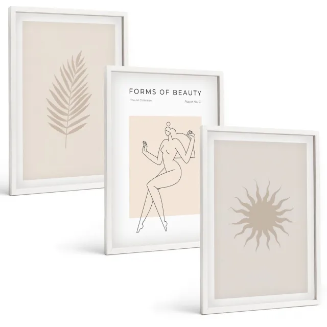 TULUP 3-Delige Schilderij Set - Een verzameling minimalistische vormen en natuurlijke figuren - 40x60 - Stijlvolle Muurdecoratie - Slaapkamer - Wanddecoratie Witte lijst