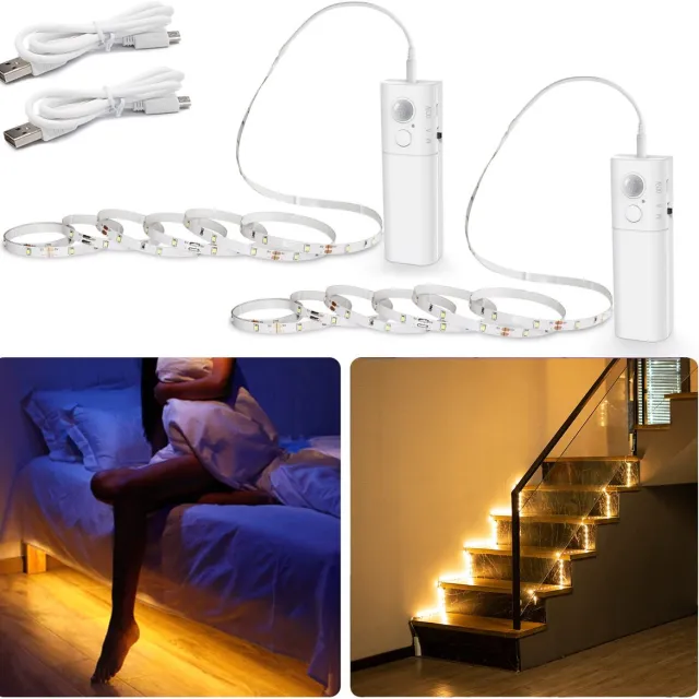 carmdering LED Strip Met Bewegingsmelder - Oplaadbare Sensor Verlichting - Flexibele LED Band - Automatische PIR Detectie - Handmatige Bediening - Zelfklevende PCB - Warmwit 2700K Licht - Gereedschaploze Montage - 2 Stuks