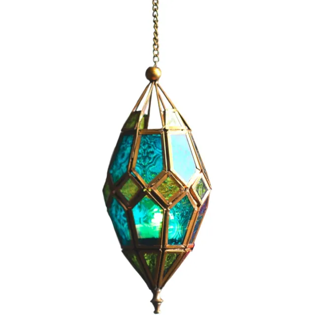 Famanu Marokkaanse stijl opknoping glas theelicht lantaarn, medium groen/blauw