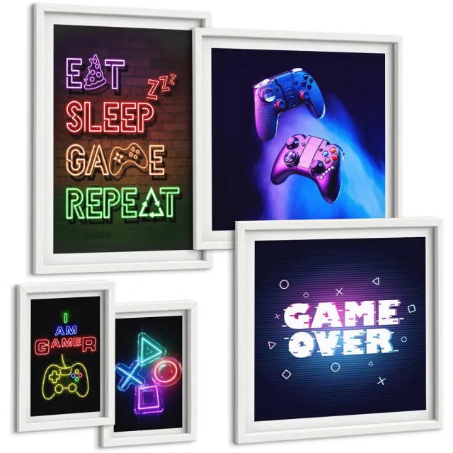 TULUP 4-Delige Schilderij Set - Neon computerspelthema's voor enthousiaste gamers - 50 x 50 cm, 20 x 30 cm en 40 x 60 cm - Stijlvolle Muurdecoratie - Slaapkamer - Decoratieve Schilderijen Witte lijst
