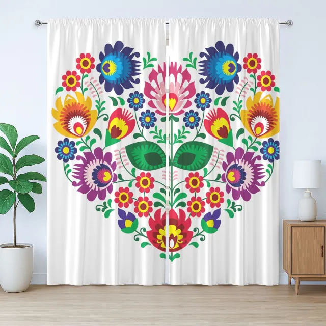 ABAKUHAUS Poolse volkskunst, rustiek gordijn, Slavisch bloemenhart, met lussen en haken voor de woonkamer, 280 x 245 cm, veelkleurig