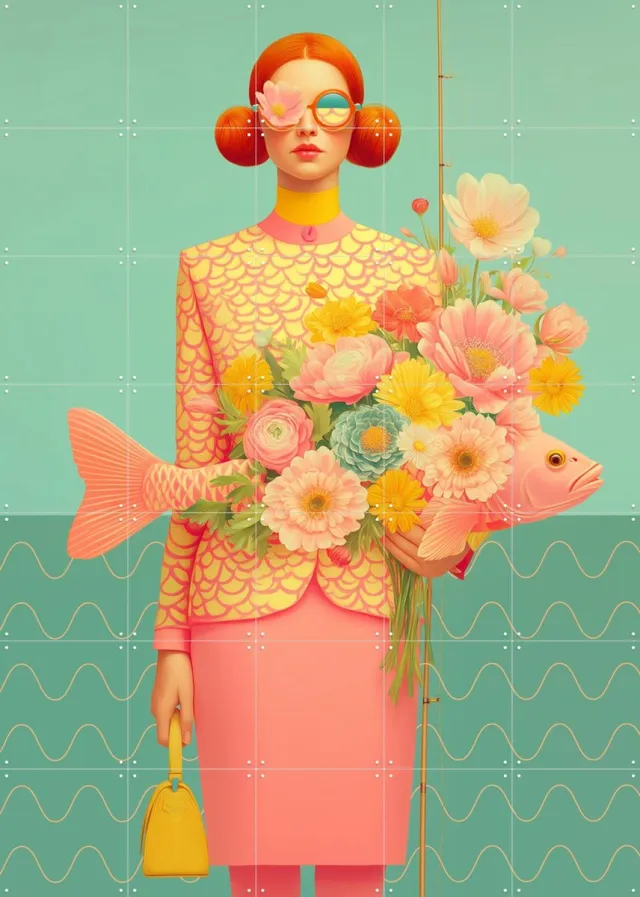 IXXI Fishing season, Mirjam Duizendstra - 100 x 140 cm - Grote wanddecoratie en posters Woonkamer, Bloemen, Portretten Roze / Groen