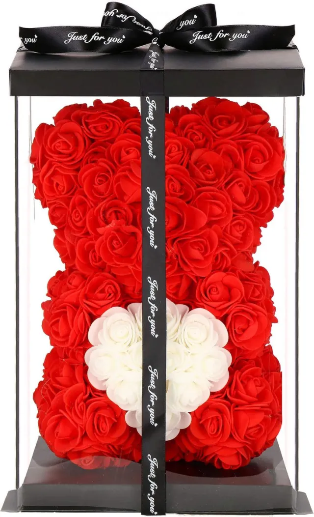 springos Rozen Beer | Rozenbeer | Rose Bear | Rozen Teddybeer | Liefde | Inclusief Giftbox | 25 x 17 x 16 cm | Rood / Wit Rood, Wit