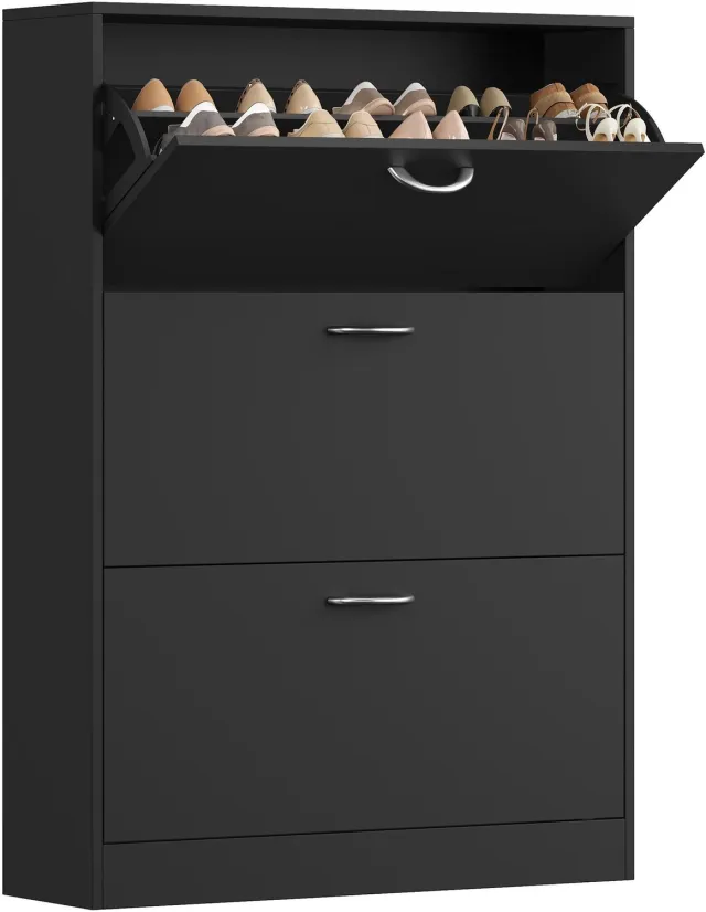 ITRONIQ Schoenenkast Zwart 80x24x108 cm – Smalle Schoenenkast met 3 Kantelvakken – Voor 12-18 Paar Schoenen – Hal en Entree