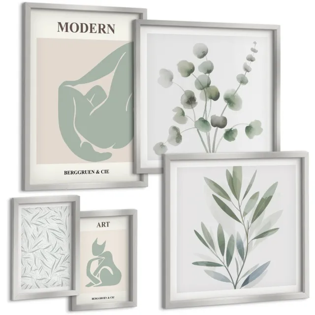 TULUP 4-Delige Schilderij Set - Stijlvolle afbeeldingen met plantmotieven en abstracte vormen. - 50 x 50 cm, 20 x 30 cm en 40 x 60 cm - Muurdecoratie - Wanddecoratie - Slaapkamer Zilveren lijst