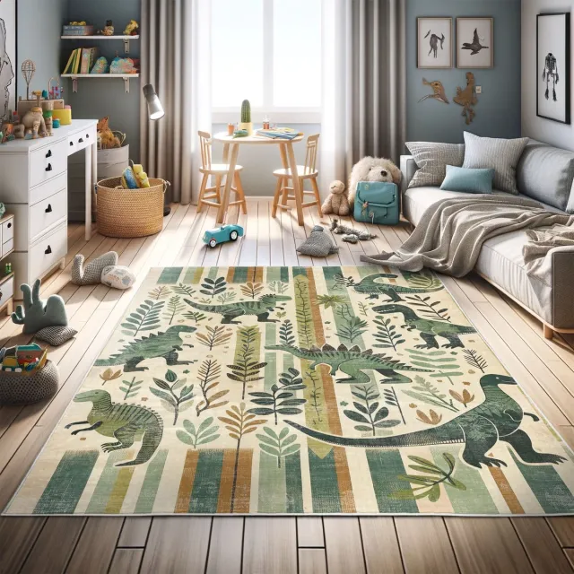 ABAKUHAUS Vloerkleed - Woonkamer Tapijt - dinosaurus – 122 x 170 cm – Hoogpolig lauriergroenblauw