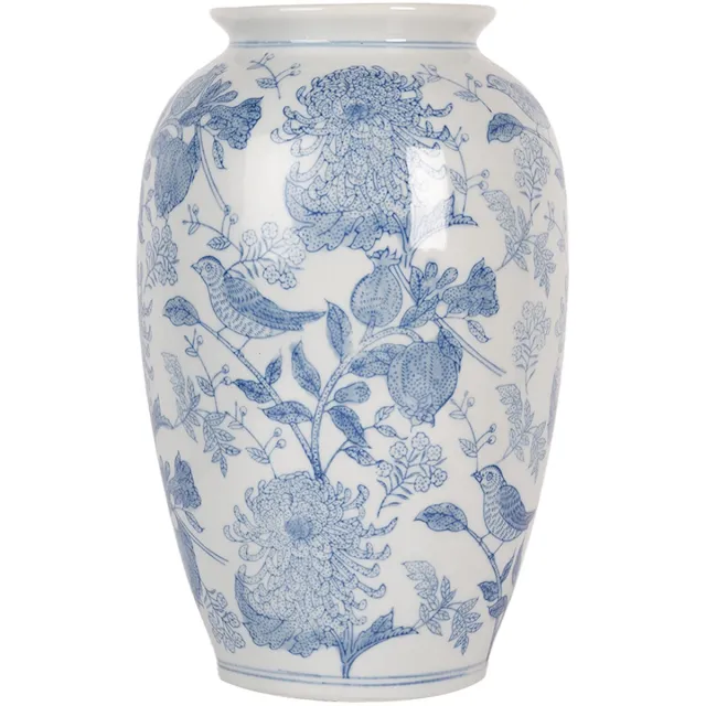 Clayre & Eef Vaas Ø 17x27 cm Wit Blauw Keramiek Vogels op Takken