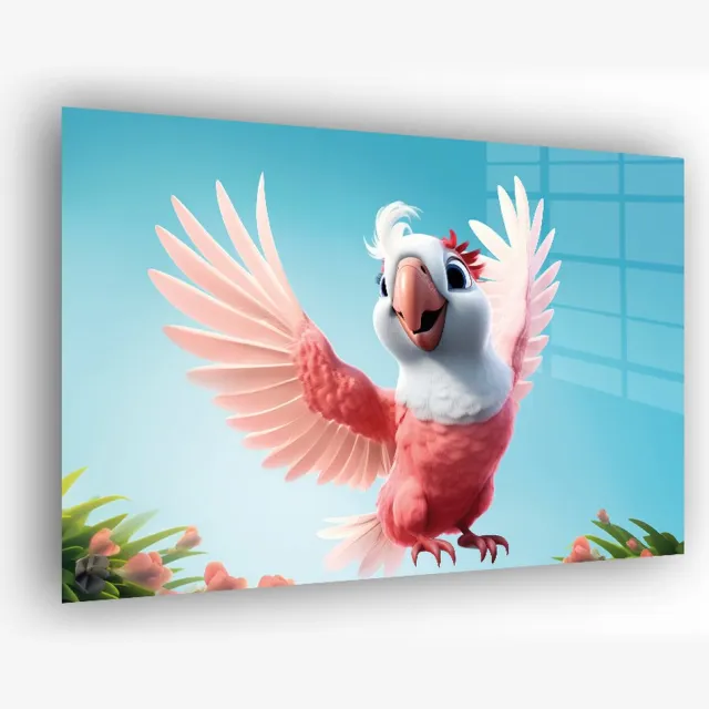 Indoorart Glasschilderij schattige parkiet 60x40 CM - Afbeelding op plexiglas - Inclusief montagemateriaal wit, roze, blauw, groen